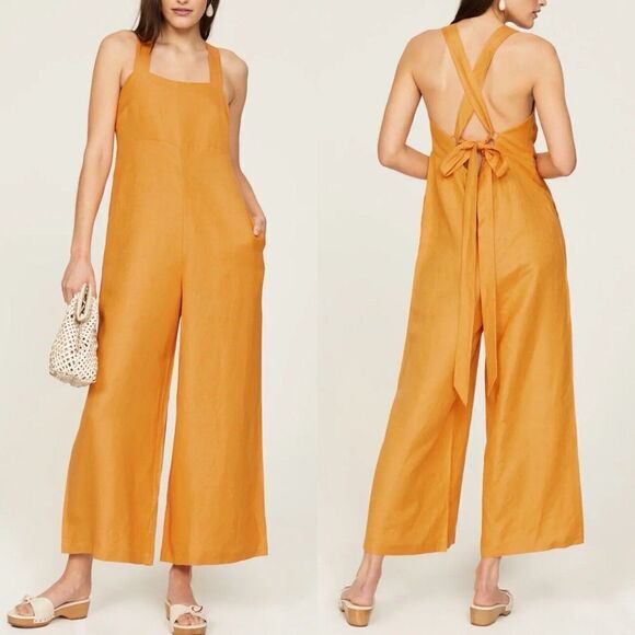 PETER SOM Collective Jumpsuit Womens 10 Cross Back Sleeveless Marigold Linen - Picture 1 of 9